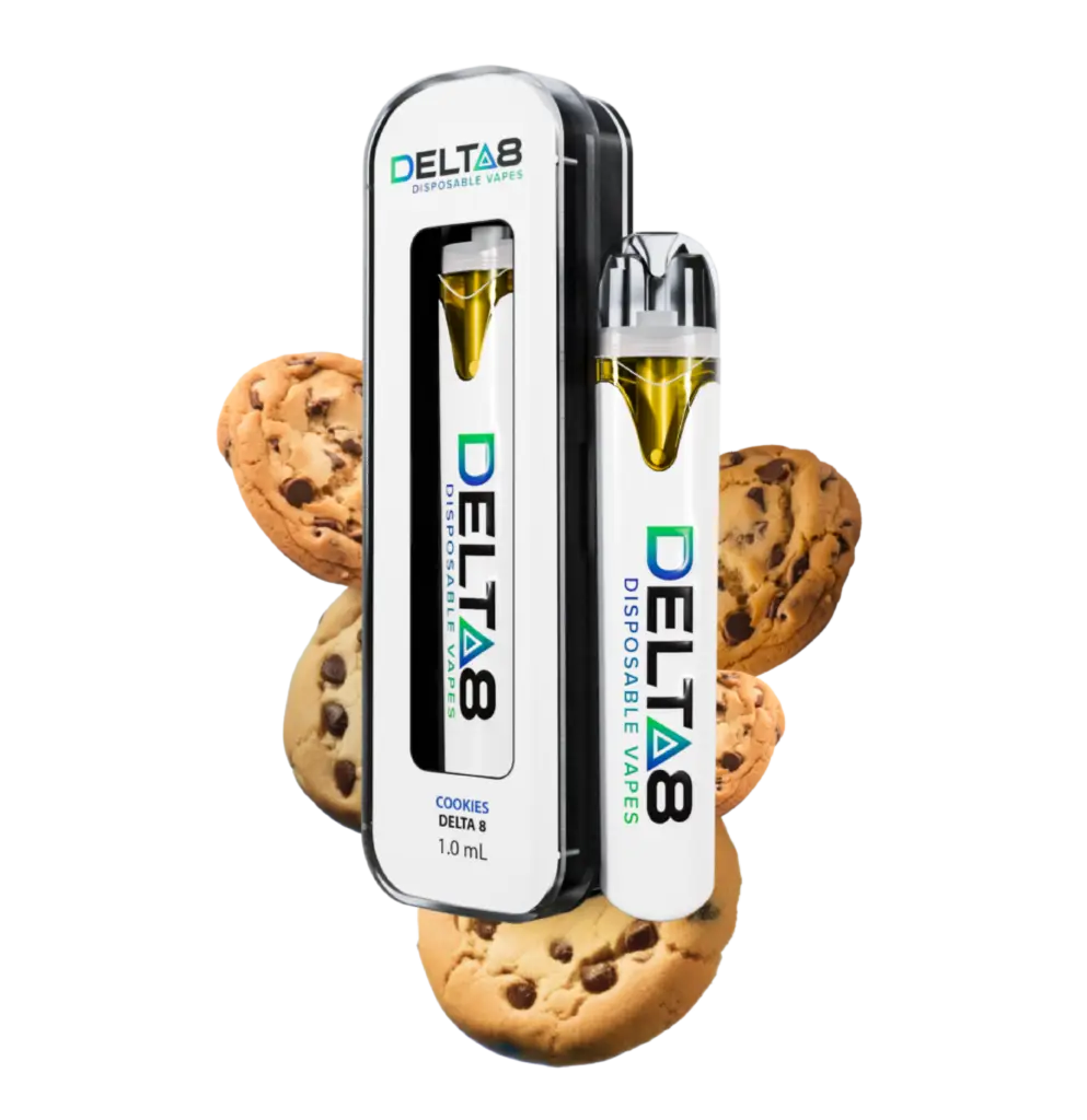 “A vape pen labeled ‘COOKIES DELTA 8 1.0 mL’ surrounded by mouthwatering chocolate chip cookies.”