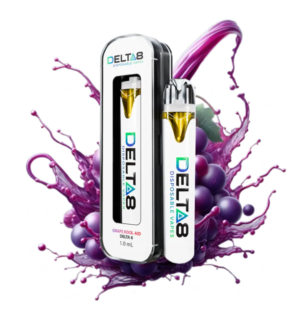 Grape Kool-Aid Delta 8 Vape: "A sleek, white Delta 8 disposable vape with a vibrant grape Kool-Aid flavor. The vape is displayed alongside a splash of purple liquid and juicy grapes, emphasizing the fruity essence. The packaging highlights a 1.0 mL capacity and features modern branding in green and blue."