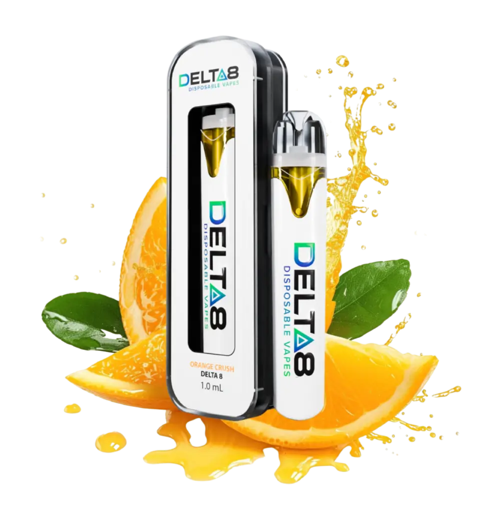 A vape pen labeled ‘ORANGE CRUSH DELTA 8 1.0 mL’ surrounded by vibrant orange slices.