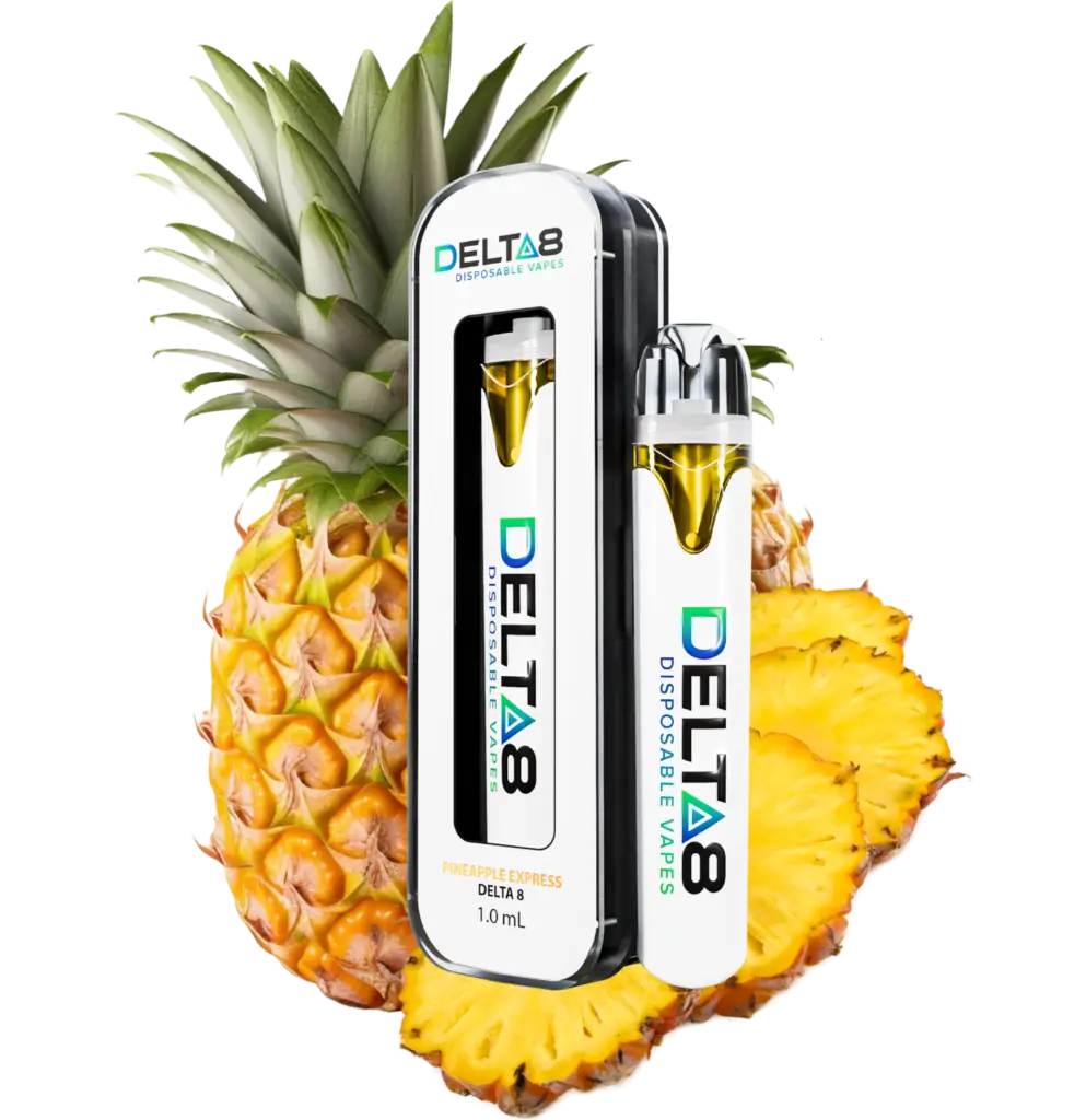 Two sleek vape pens labeled ‘DELTA 8 DISPOSABLE VAPES’ against a backdrop of pineapple slices.