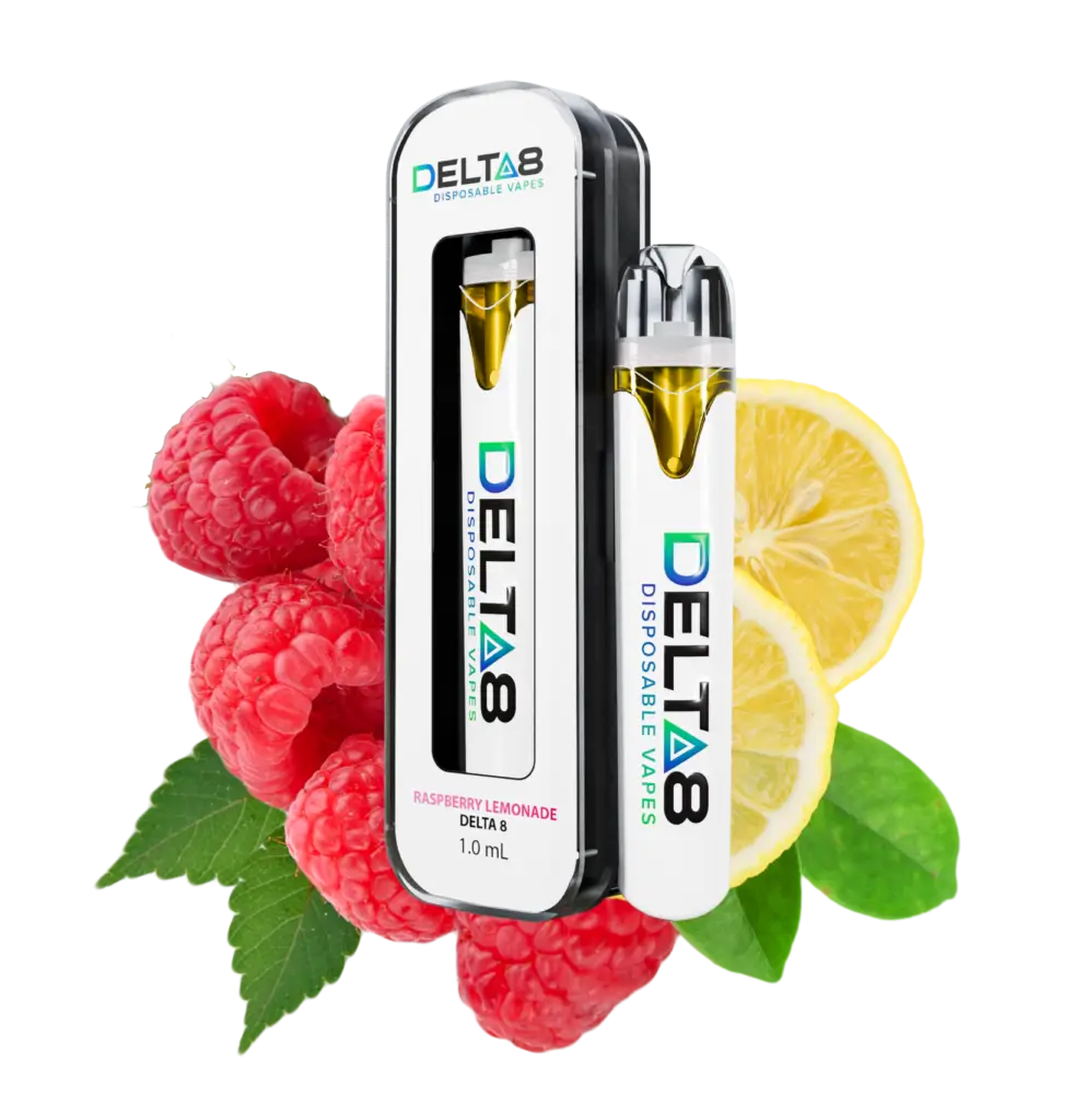 A vape pen labeled ‘RASPBERRY LEMONADE DELTA 8 1.0 mL’ surrounded by vibrant raspberries and a sliced lemon.