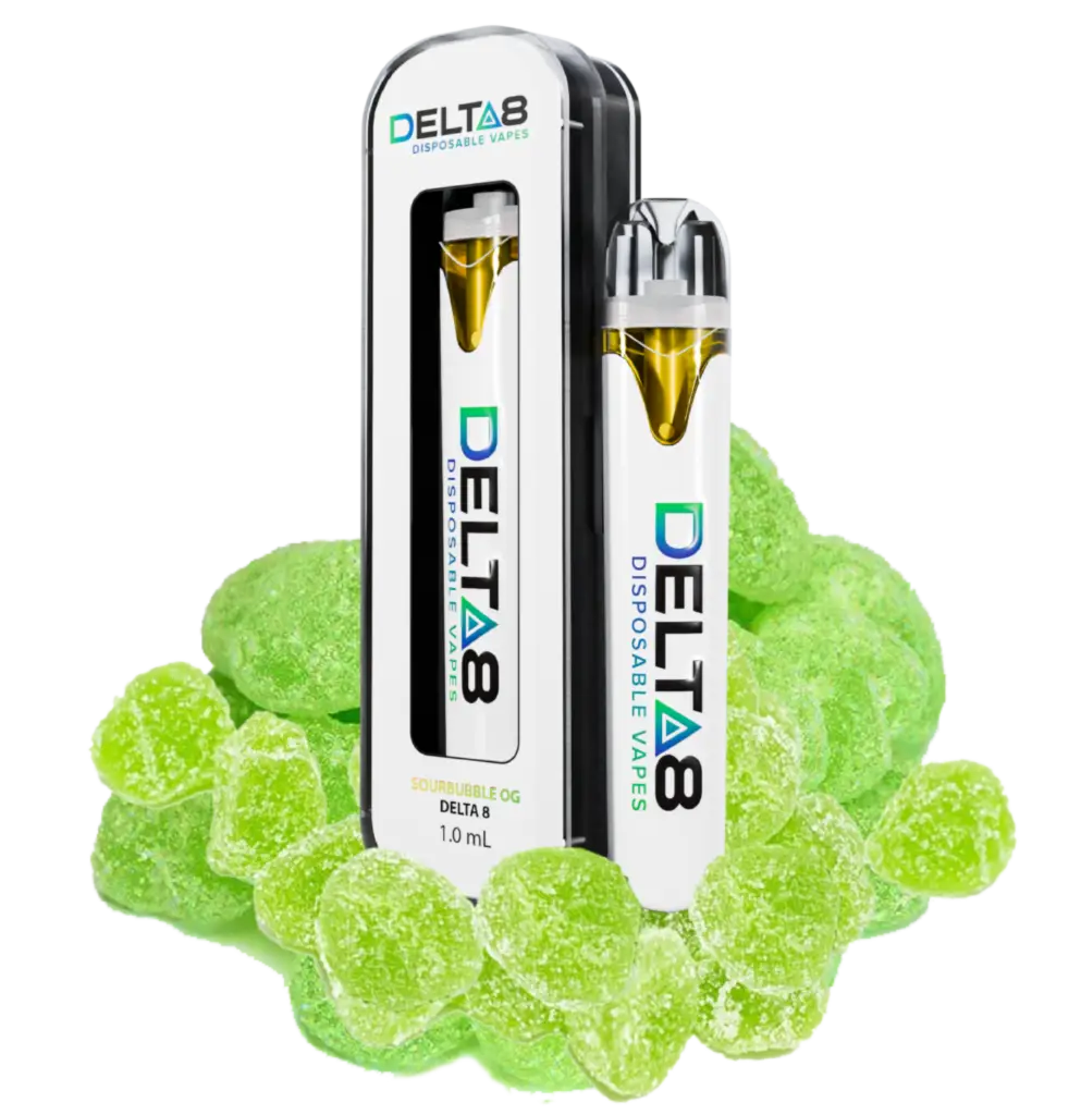 A vape pen labeled ‘SOUR BUBBLE DELTA 8 1.0 mL’ surrounded by vibrant, sour gummy candies.