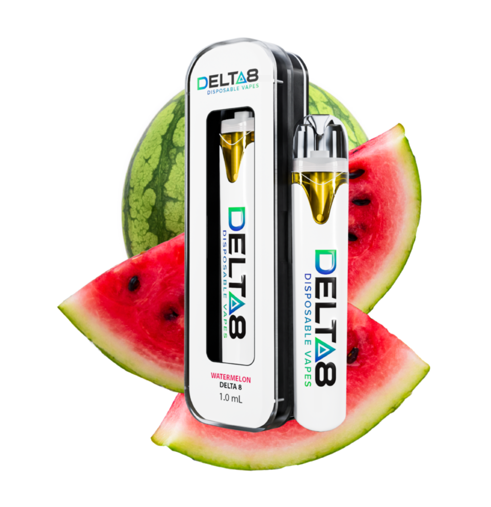 "A vape pen labeled ‘WATERMELON DELTA 8 1.0 mL’ next to a juicy, sliced watermelon.”