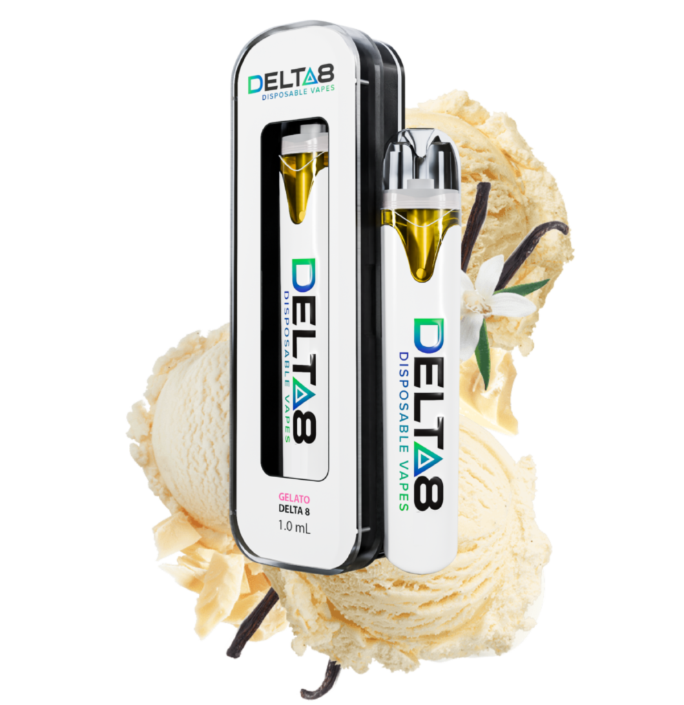 A vape pen labeled ‘ICE CREAM CAKE DELTA 8 1.0 mL’ next to a scoop of creamy ice cream